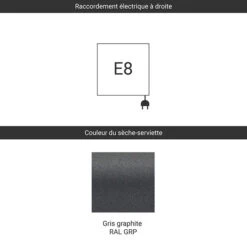 Sèche-serviette électrique - Gris Graphite - Raccordement à Droite - Michelle/E8 -Sèche-Serviettes raccordement e8 gris graphite ral grp
