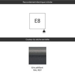 Sèche-serviette électrique - Gris Pétillant - Raccordement à Droite - Fiona/E8 -Sèche-Serviettes raccordement e8 gris petillant ral rgy