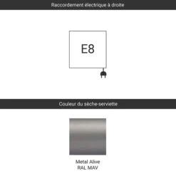 Sèche-serviette électrique - Couleur Gris Métal - Raccordement à Droite - Mike/E8MAV -Sèche-Serviettes raccordement e8 metal alive