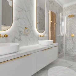 Sèche-serviette électrique - Doré - Raccordement à Droite - City/E8 -Sèche-Serviettes radiateur dore sdb marbre blanc city 1