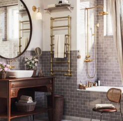 Sèche-serviette électrique - Laiton Brossé Mat - Raccordement à Gauche - Rétro/E1 -Sèche-Serviettes seche serviette laiton brosse effet retro 2